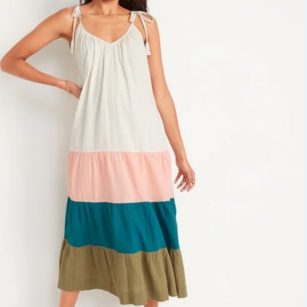 Old Navy Sleeveless Tasseled Color-Block All-Day Maxi Swing Dress